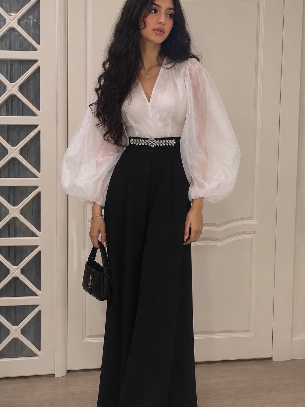 Elegant Black Wide-Leg Skirt with Embellished Waist